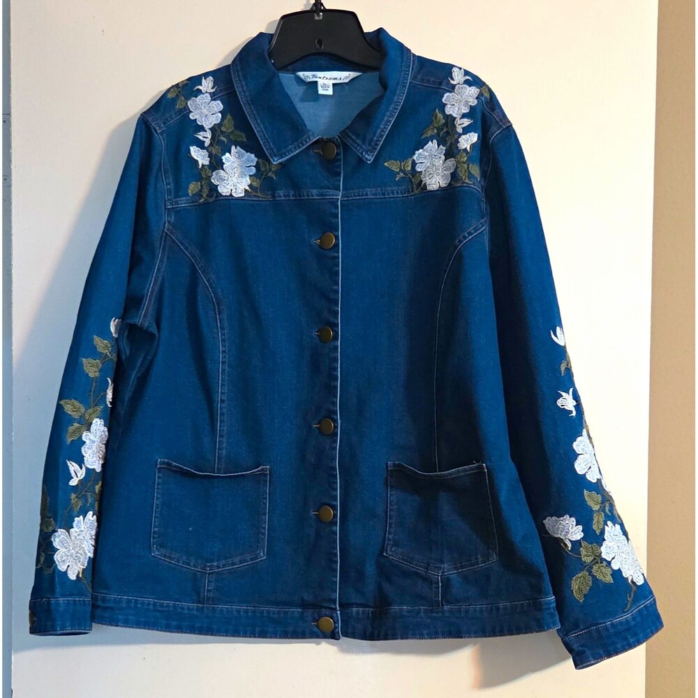 Tantrums Women's XL Blue Floral Embroidered Button Front Stretch Short Jacket